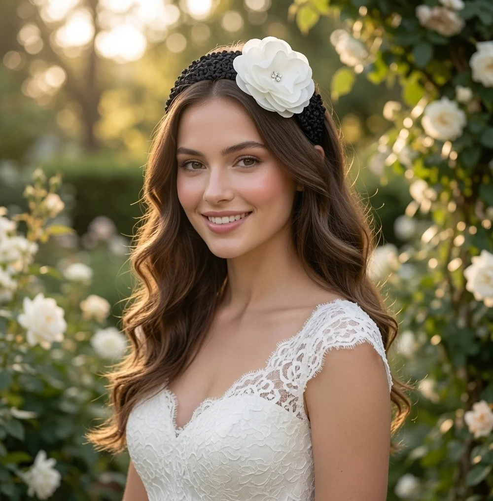 Bridal Ivory Lace Flower Hair Band Chiffon Rose Rhinestone French Netting NWOT